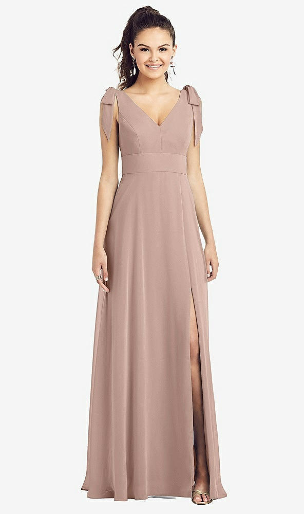 Front View - Neu Nude Bow-Shoulder V-Back Chiffon Gown with Front Slit