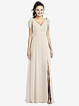 Front View Thumbnail - Oat Bow-Shoulder V-Back Chiffon Gown with Front Slit