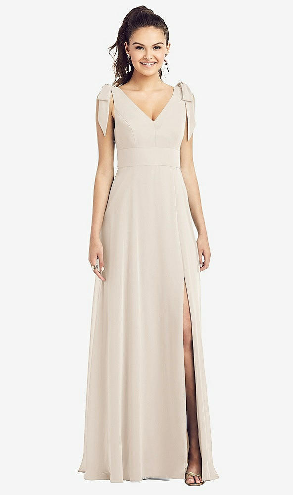 Front View - Oat Bow-Shoulder V-Back Chiffon Gown with Front Slit
