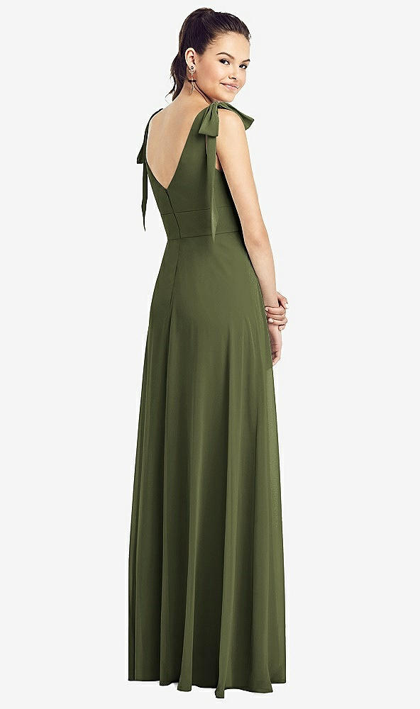 Back View - Olive Green Bow-Shoulder V-Back Chiffon Gown with Front Slit