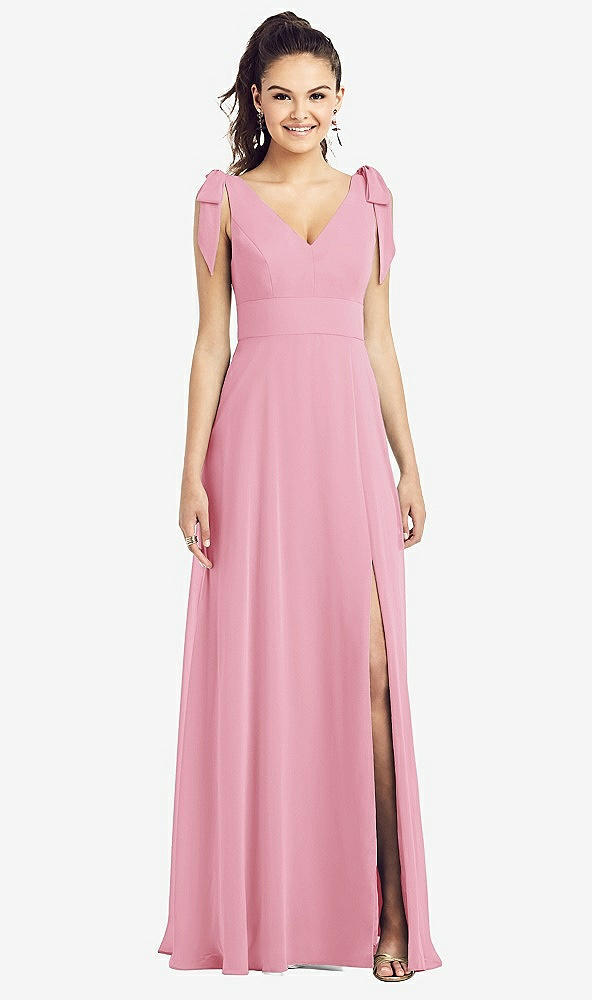 Front View - Peony Pink Bow-Shoulder V-Back Chiffon Gown with Front Slit