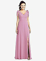 Front View Thumbnail - Powder Pink Bow-Shoulder V-Back Chiffon Gown with Front Slit