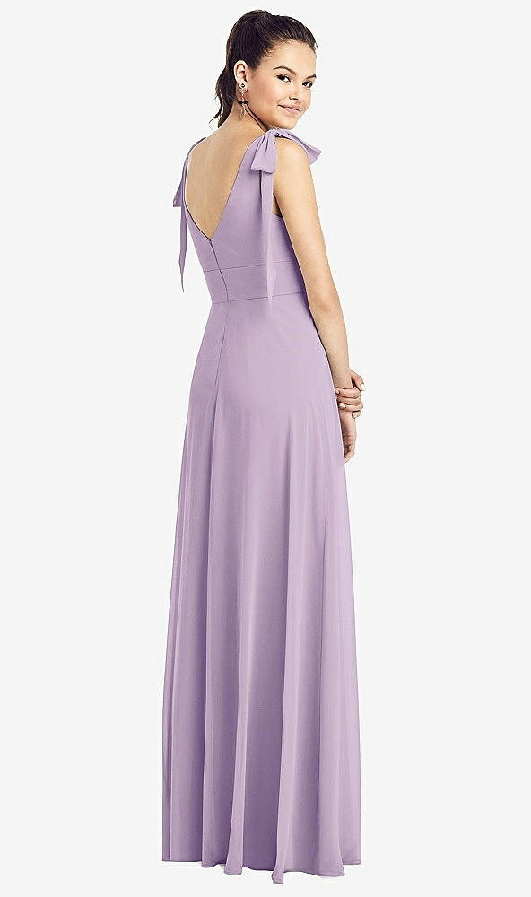 Back View - Pale Purple Bow-Shoulder V-Back Chiffon Gown with Front Slit