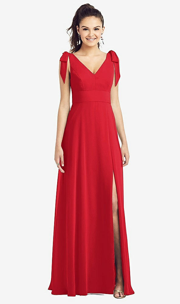 Front View - Parisian Red Bow-Shoulder V-Back Chiffon Gown with Front Slit