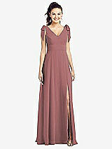 Front View Thumbnail - Rosewood Bow-Shoulder V-Back Chiffon Gown with Front Slit