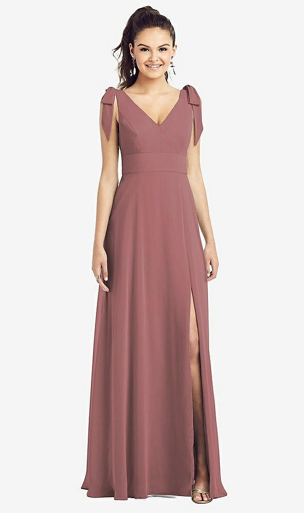Front View - Rosewood Bow-Shoulder V-Back Chiffon Gown with Front Slit