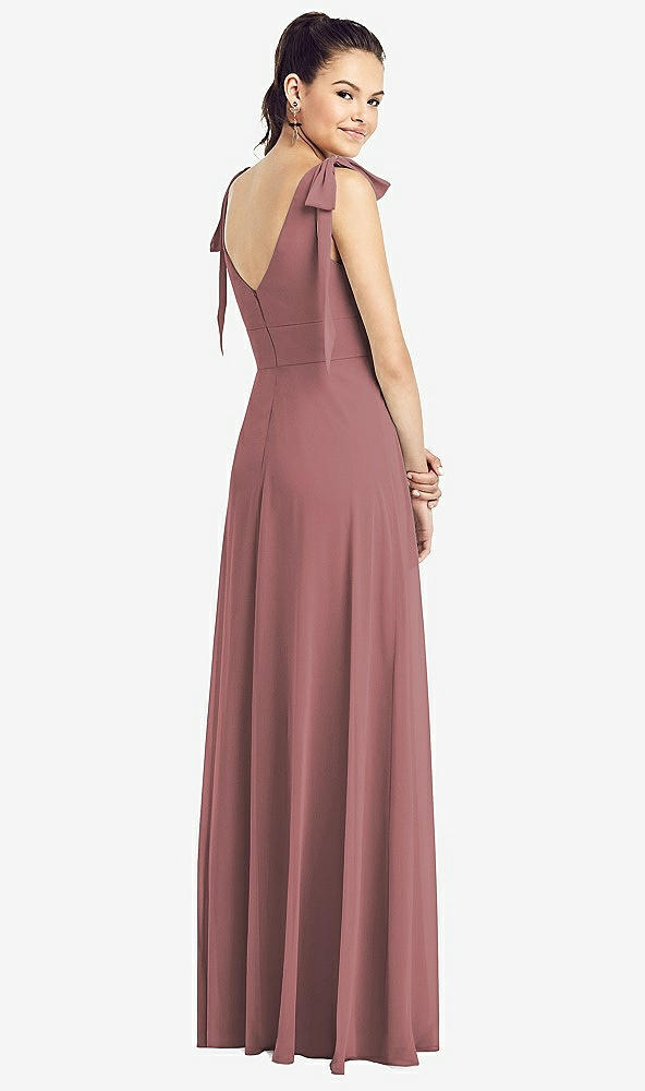 Back View - Rosewood Bow-Shoulder V-Back Chiffon Gown with Front Slit