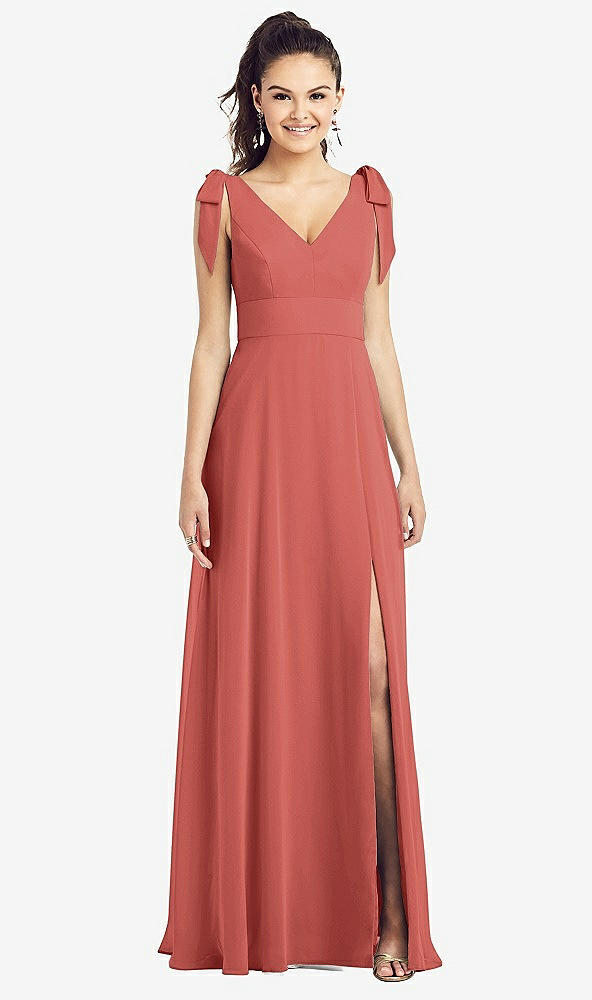 Front View - Coral Pink Bow-Shoulder V-Back Chiffon Gown with Front Slit