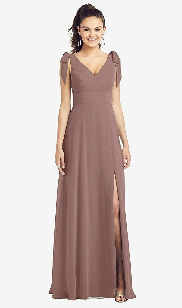 Front View - Sienna Bow-Shoulder V-Back Chiffon Gown with Front Slit