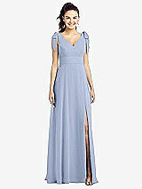 Front View Thumbnail - Sky Blue Bow-Shoulder V-Back Chiffon Gown with Front Slit