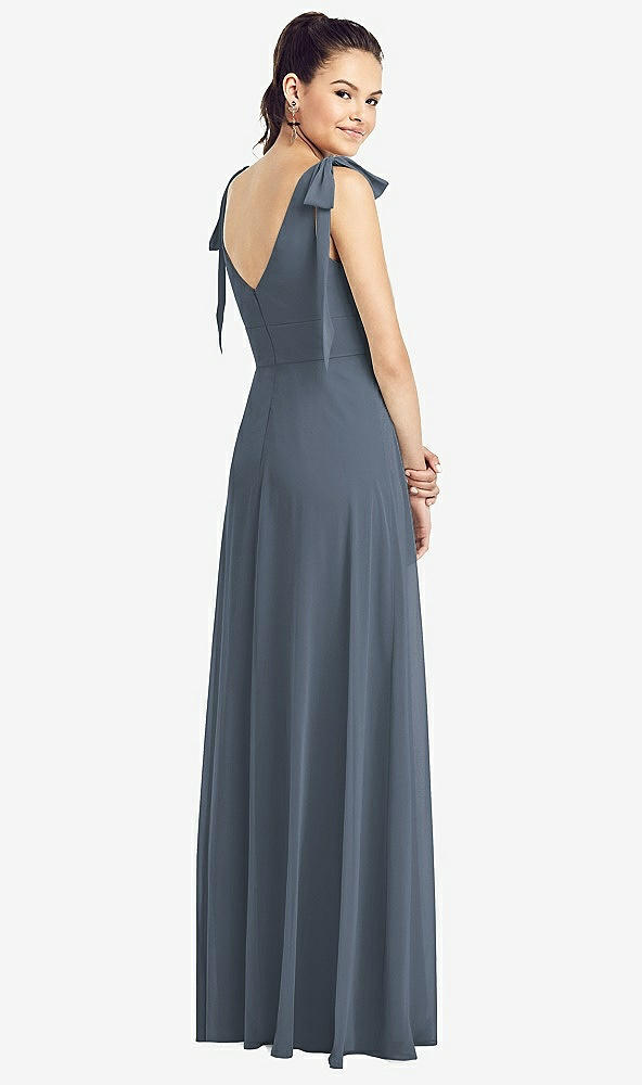 Back View - Silverstone Bow-Shoulder V-Back Chiffon Gown with Front Slit