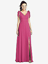 Front View Thumbnail - Tea Rose Bow-Shoulder V-Back Chiffon Gown with Front Slit