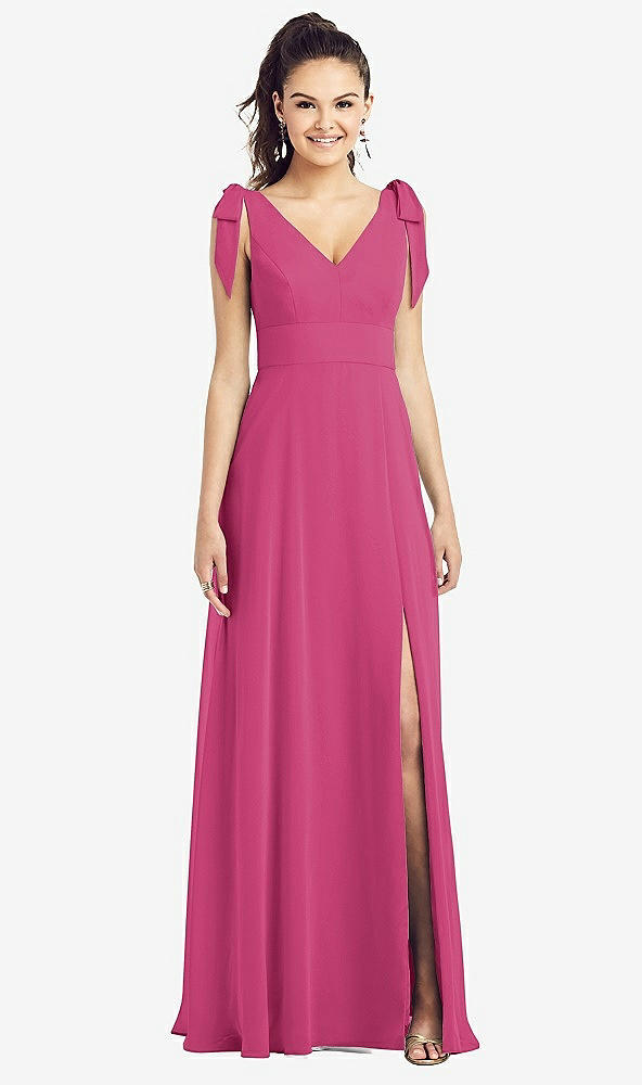 Front View - Tea Rose Bow-Shoulder V-Back Chiffon Gown with Front Slit