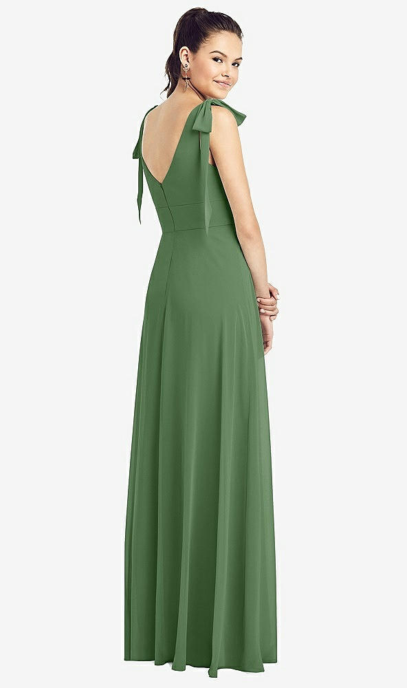 Back View - Vineyard Green Bow-Shoulder V-Back Chiffon Gown with Front Slit