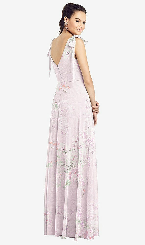 Back View - Watercolor Print Bow-Shoulder V-Back Chiffon Gown with Front Slit