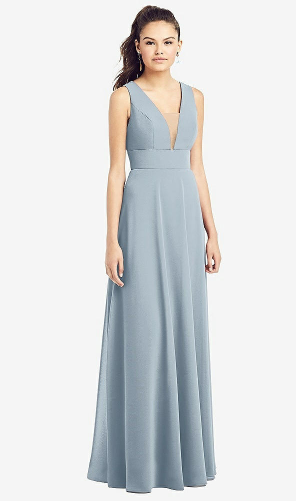 Front View - Mist & Light Nude Adjustable Strap Illusion Neck Chiffon Gown