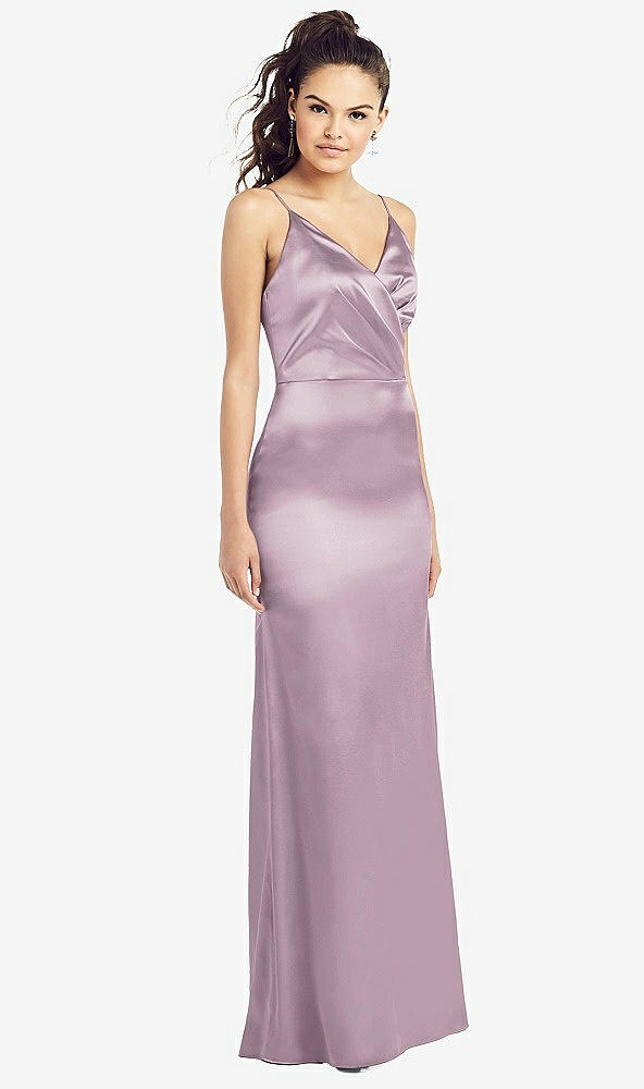 Front View - Suede Rose Slim Spaghetti Strap Wrap Bodice Trumpet Gown