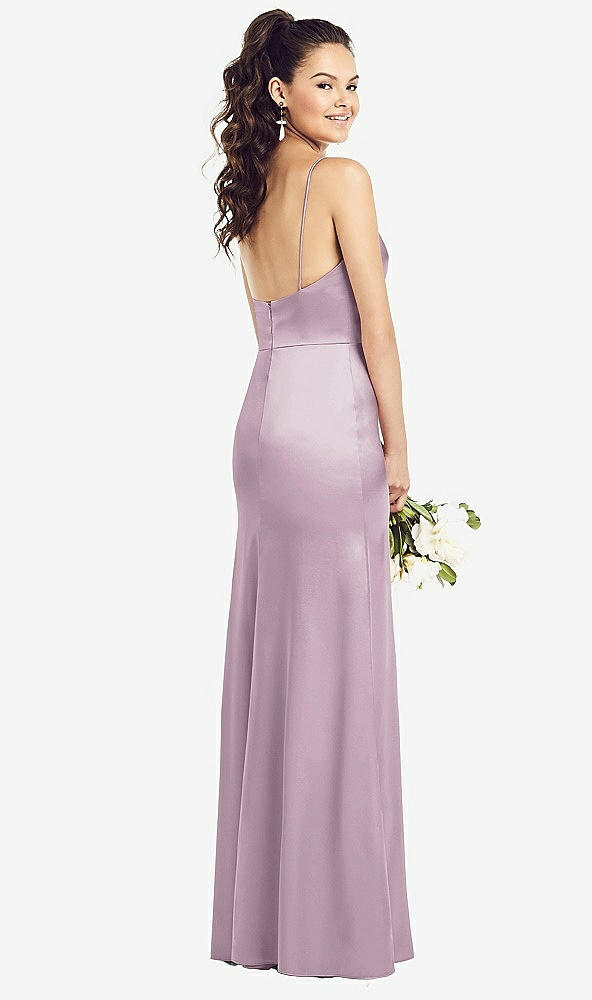 Back View - Suede Rose Slim Spaghetti Strap Wrap Bodice Trumpet Gown