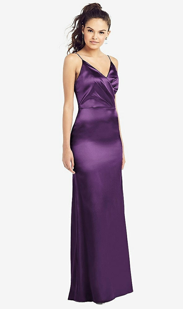 Front View - African Violet Slim Spaghetti Strap Wrap Bodice Trumpet Gown