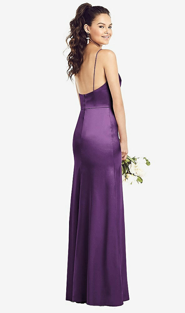 Back View - African Violet Slim Spaghetti Strap Wrap Bodice Trumpet Gown