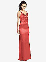 Front View Thumbnail - Perfect Coral Slim Spaghetti Strap Wrap Bodice Trumpet Gown