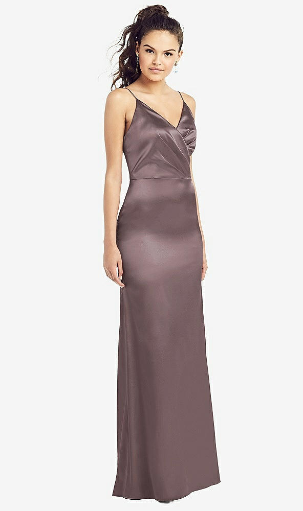 Front View - French Truffle Slim Spaghetti Strap Wrap Bodice Trumpet Gown