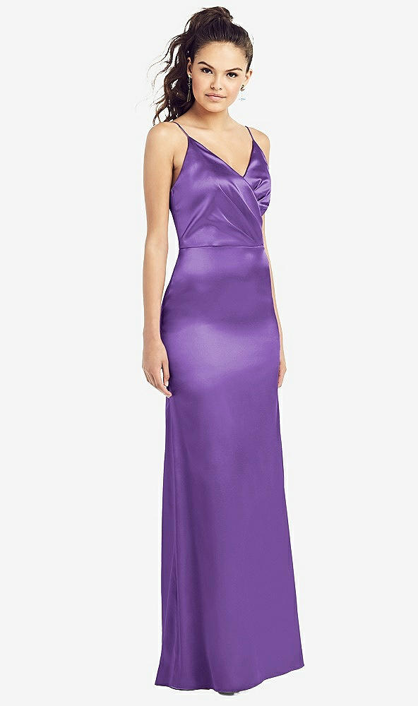 Front View - Pansy Slim Spaghetti Strap Wrap Bodice Trumpet Gown