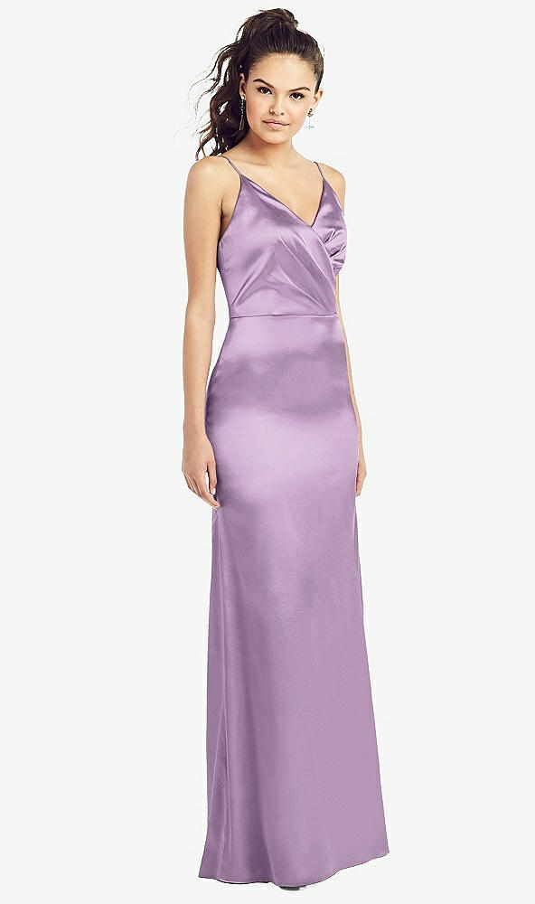 Front View - Wood Violet Slim Spaghetti Strap Wrap Bodice Trumpet Gown