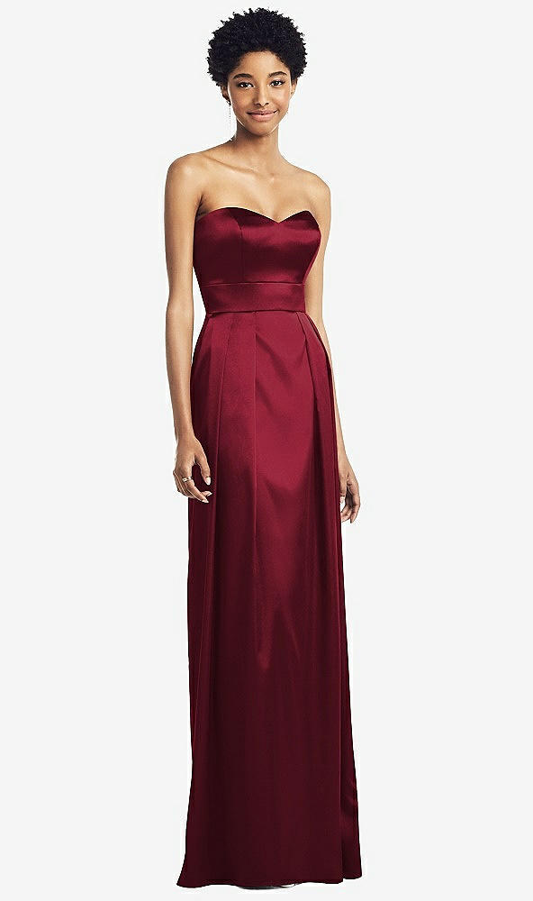 Front View - Burgundy Sweetheart Strapless Pleated Skirt Dress with Pockets
