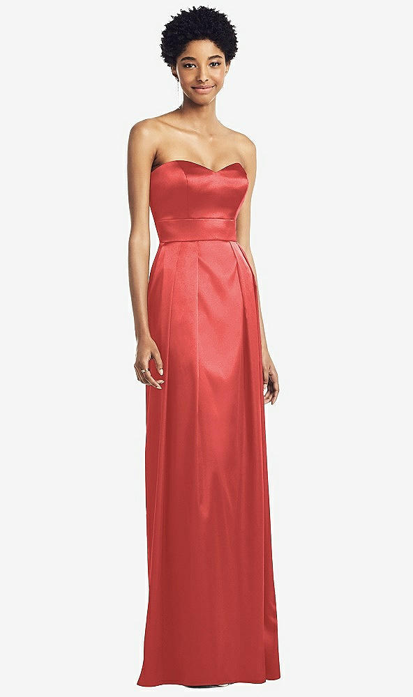 Front View - Perfect Coral Sweetheart Strapless Pleated Skirt Dress with Pockets