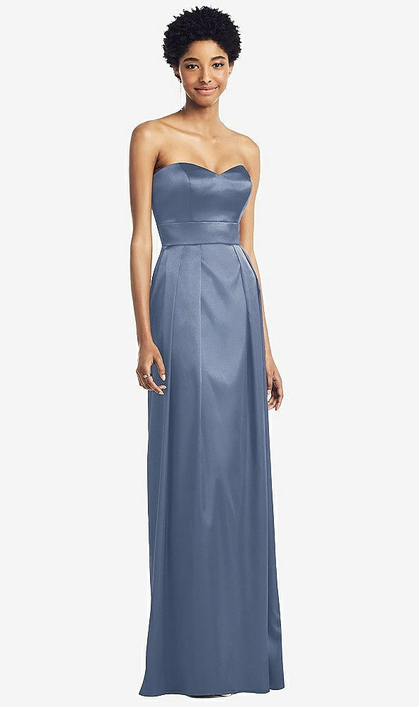 Front View - Larkspur Blue Sweetheart Strapless Pleated Skirt Dress with Pockets