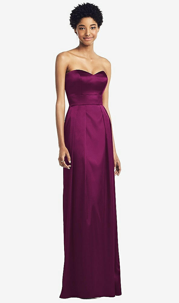 Front View - Merlot Sweetheart Strapless Pleated Skirt Dress with Pockets