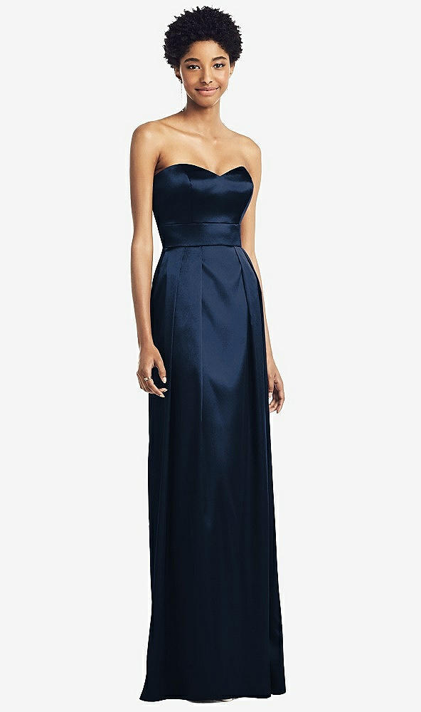 Front View - Midnight Navy Sweetheart Strapless Pleated Skirt Dress with Pockets