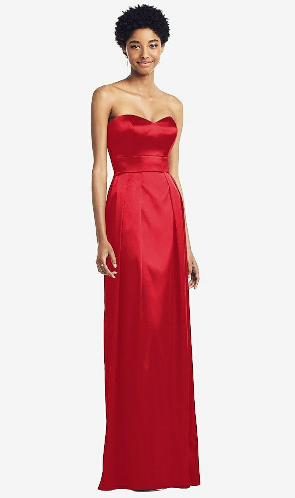 Front View - Parisian Red Sweetheart Strapless Pleated Skirt Dress with Pockets