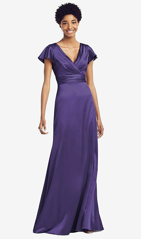 Front View - Regalia - PANTONE Ultra Violet Flutter Sleeve Draped Wrap Stretch Maxi Dress