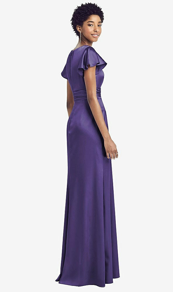 Back View - Regalia - PANTONE Ultra Violet Flutter Sleeve Draped Wrap Stretch Maxi Dress