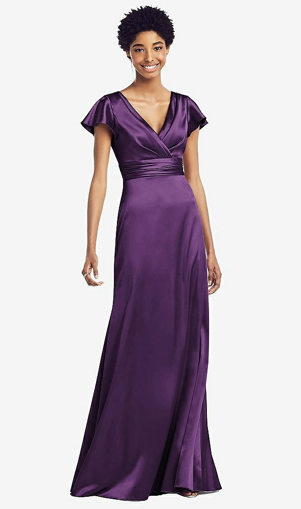 Front View - African Violet Flutter Sleeve Draped Wrap Stretch Maxi Dress