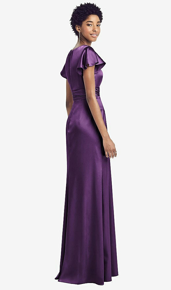 Back View - African Violet Flutter Sleeve Draped Wrap Stretch Maxi Dress