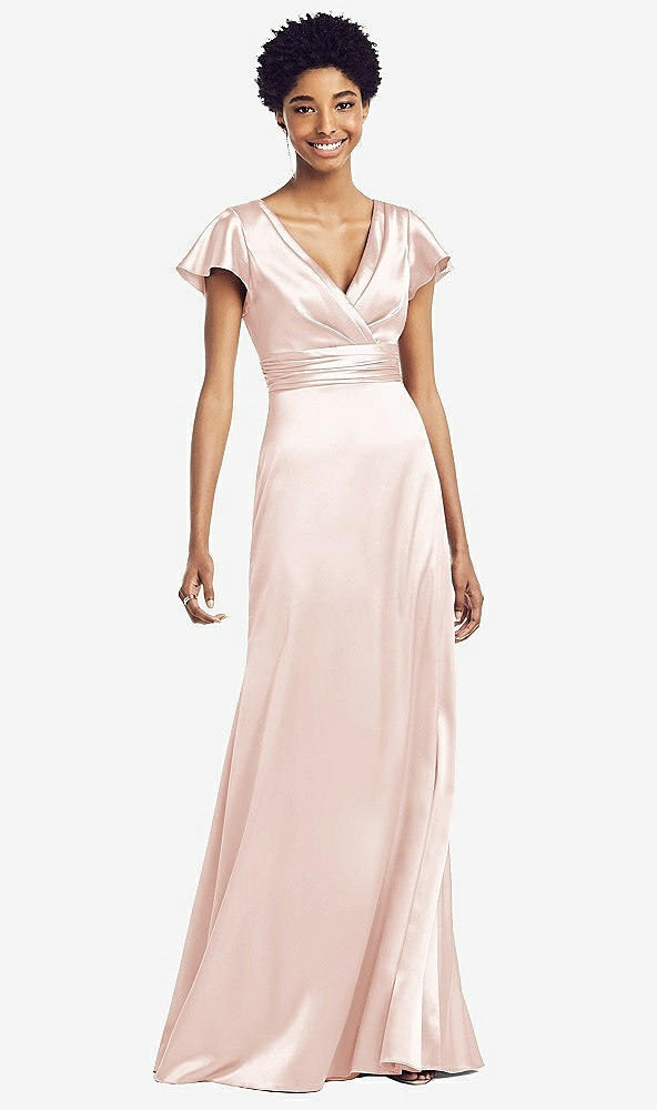 Front View - Blush Flutter Sleeve Draped Wrap Stretch Maxi Dress