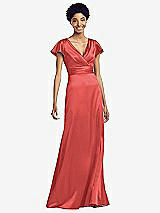 Front View Thumbnail - Perfect Coral Flutter Sleeve Draped Wrap Stretch Maxi Dress