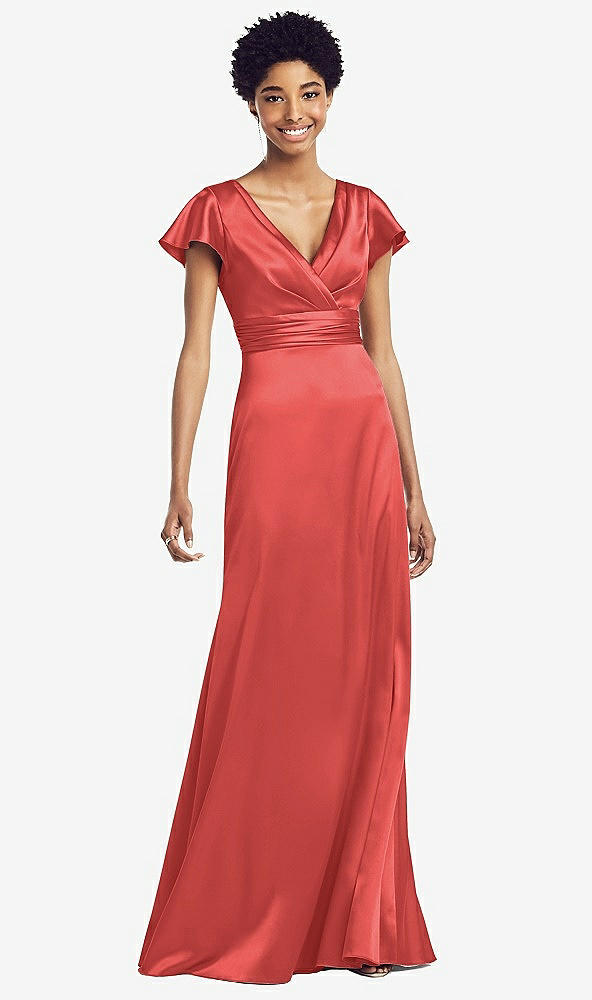 Front View - Perfect Coral Flutter Sleeve Draped Wrap Stretch Maxi Dress