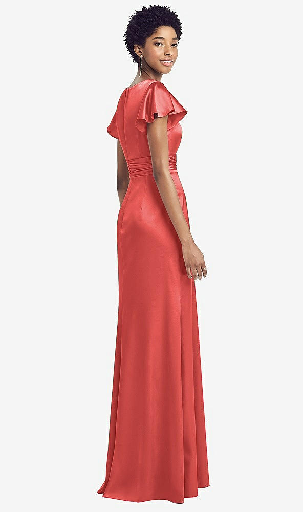 Back View - Perfect Coral Flutter Sleeve Draped Wrap Stretch Maxi Dress