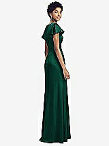 Rear View Thumbnail - Hunter Green Flutter Sleeve Draped Wrap Stretch Maxi Dress