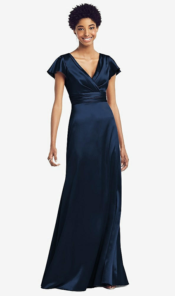 Front View - Midnight Navy Flutter Sleeve Draped Wrap Stretch Maxi Dress