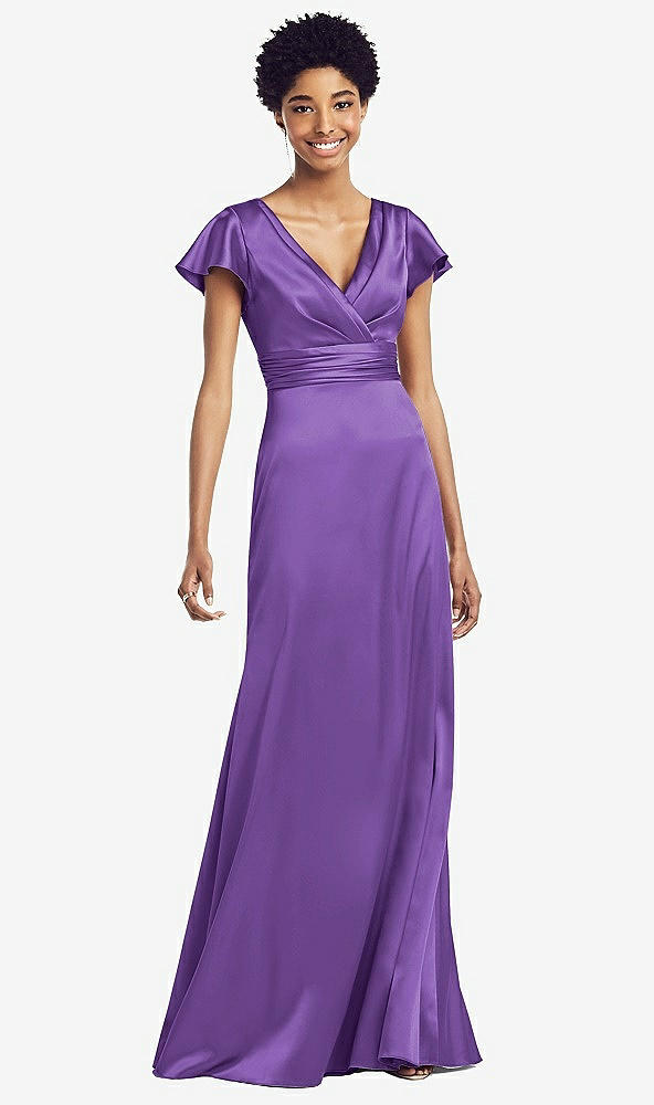 Front View - Pansy Flutter Sleeve Draped Wrap Stretch Maxi Dress