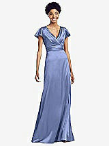 Front View Thumbnail - Periwinkle - PANTONE Serenity Flutter Sleeve Draped Wrap Stretch Maxi Dress