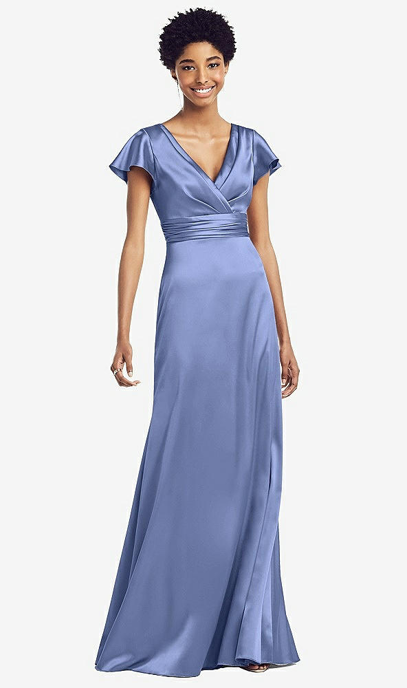 Front View - Periwinkle - PANTONE Serenity Flutter Sleeve Draped Wrap Stretch Maxi Dress