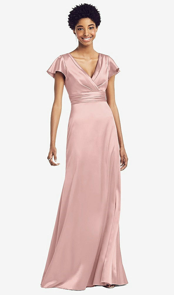 Front View - Rose - PANTONE Rose Quartz Flutter Sleeve Draped Wrap Stretch Maxi Dress