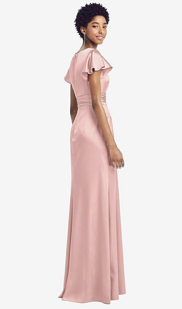 Back View - Rose - PANTONE Rose Quartz Flutter Sleeve Draped Wrap Stretch Maxi Dress
