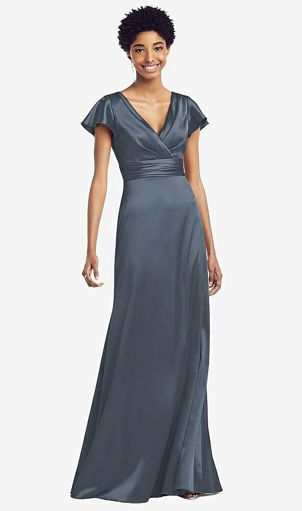 Front View - Silverstone Flutter Sleeve Draped Wrap Stretch Maxi Dress